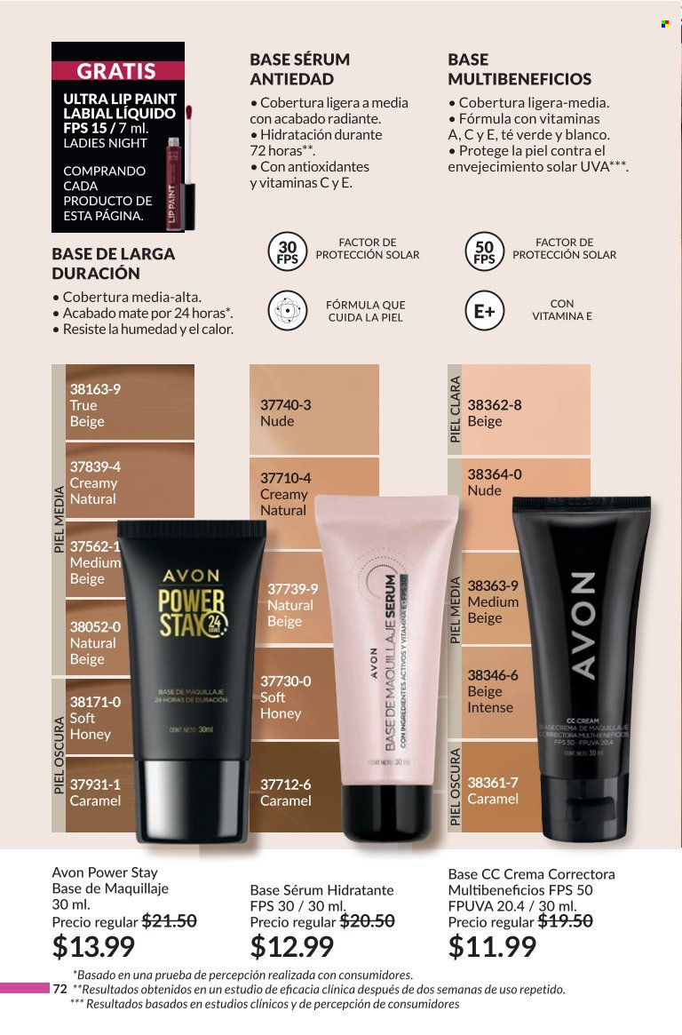 thumbnail - Folleto actual Avon - Ventas - labial líquido, base de maquillaje, CC cream, labial, crema, serum, protector solar. Página 72.